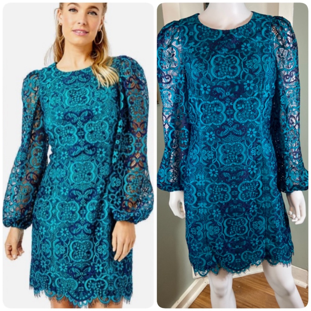 Lilly Pulitzer Georgi Valencia Teal Long Sleeve Lace Dress Small S Floral Blue